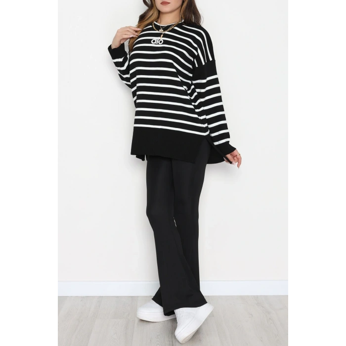 Çizgili Nakışlı Triko Tunik Siyah - 4041.1247.