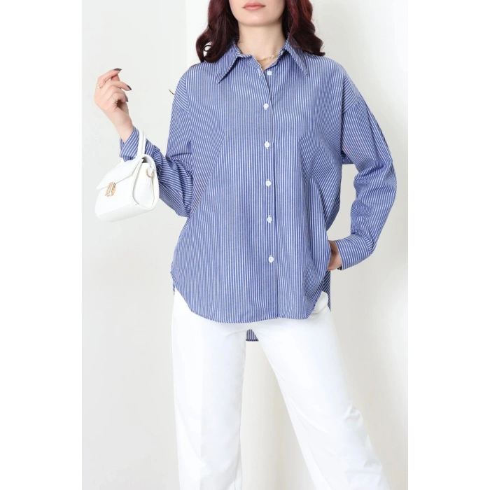 Çizgili Oversize Gömlek Lacivert - 7886.1437.