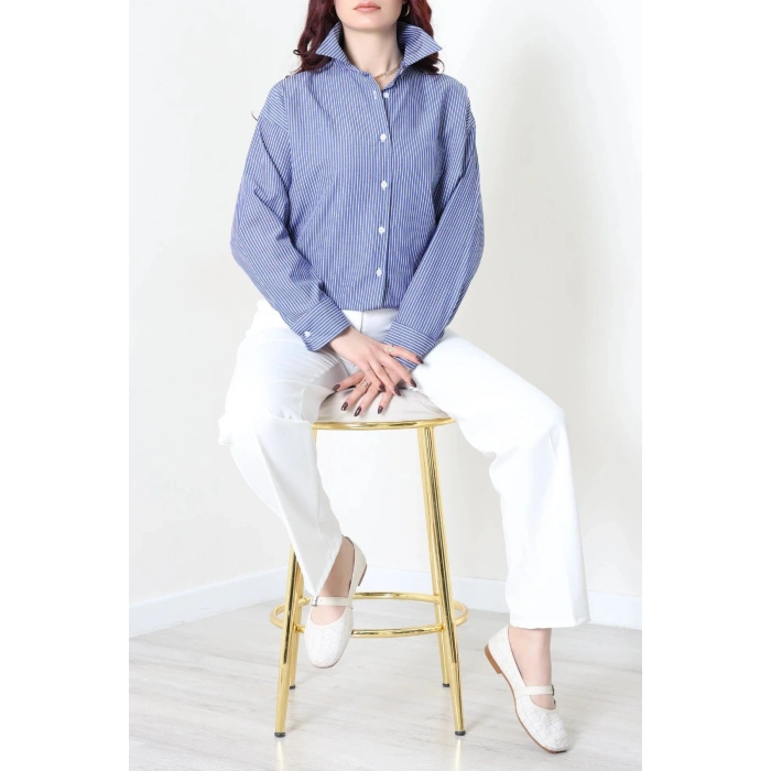 Çizgili Oversize Gömlek Lacivert - 7886.1437.