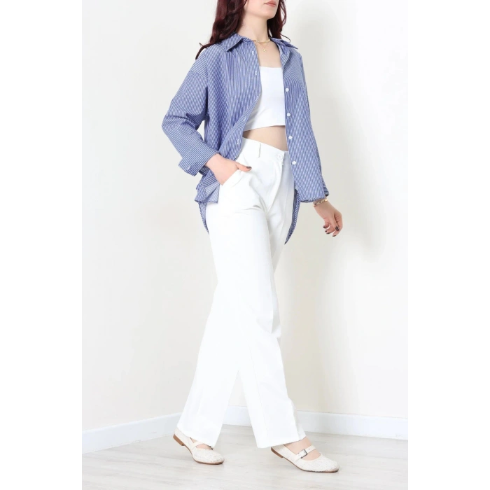 Çizgili Oversize Gömlek Lacivert - 7886.1437.