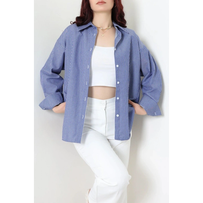 Çizgili Oversize Gömlek Lacivert - 7886.1437.