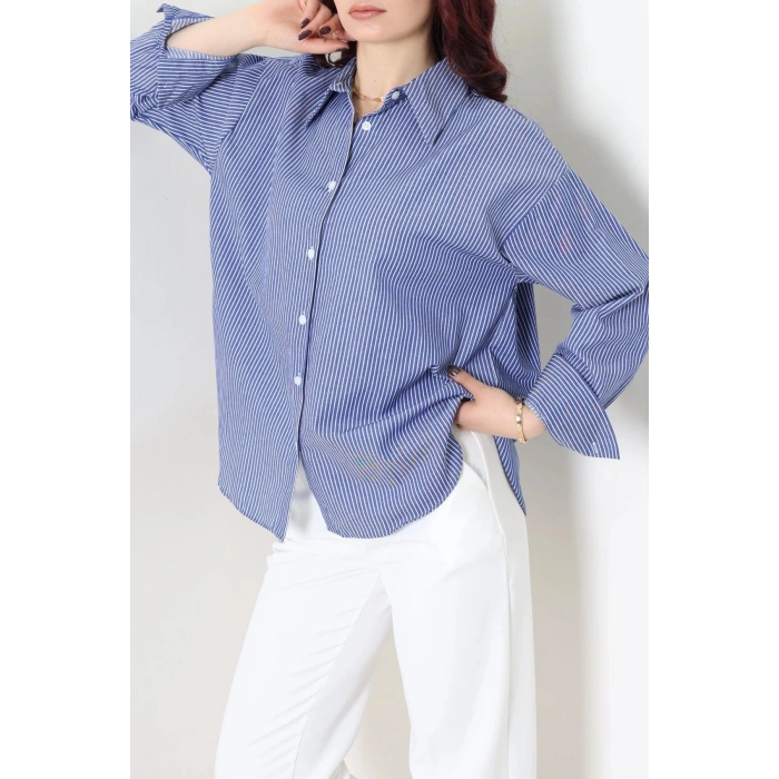 Çizgili Oversize Gömlek Lacivert - 7886.1437.