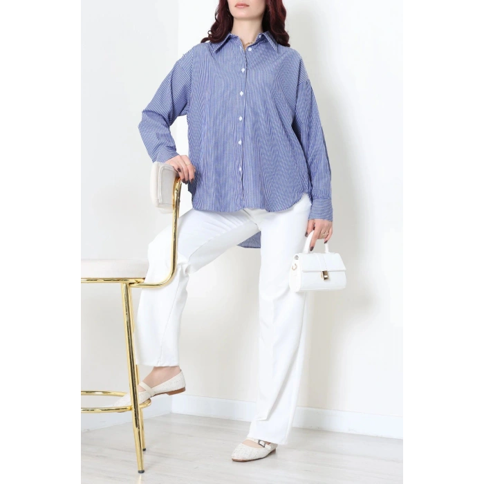 Çizgili Oversize Gömlek Lacivert - 7886.1437.