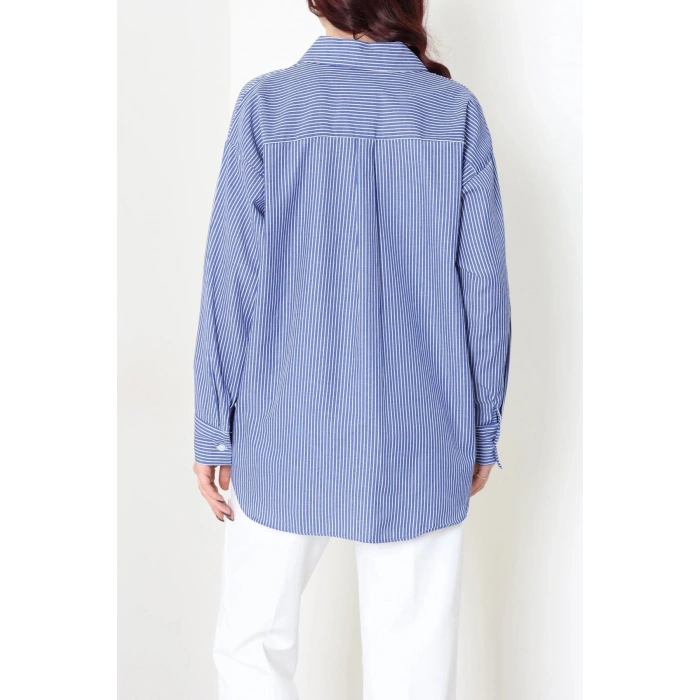Çizgili Oversize Gömlek Lacivert - 7886.1437.