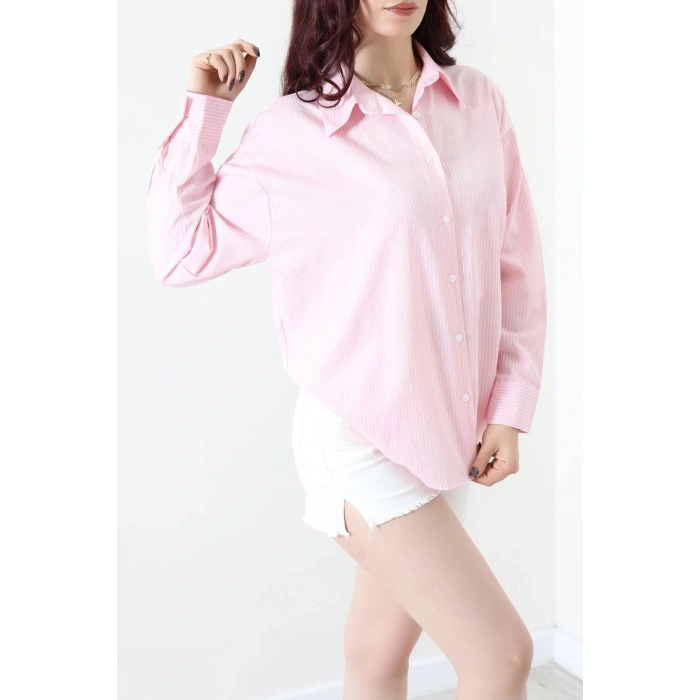 Çizgili Oversize Gömlek Pembe - 7886.1437.