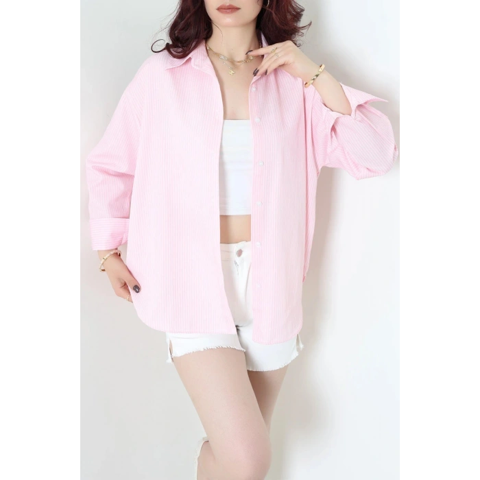Çizgili Oversize Gömlek Pembe - 7886.1437.