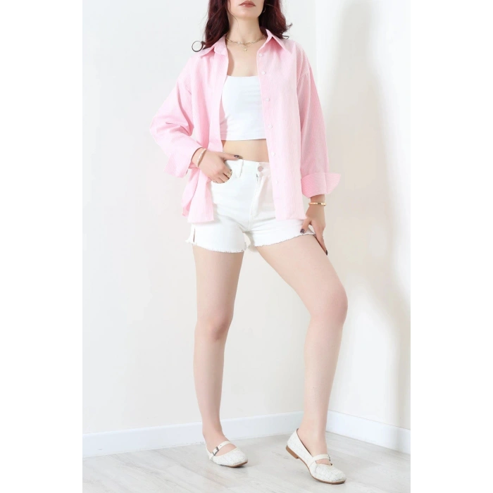 Çizgili Oversize Gömlek Pembe - 7886.1437.