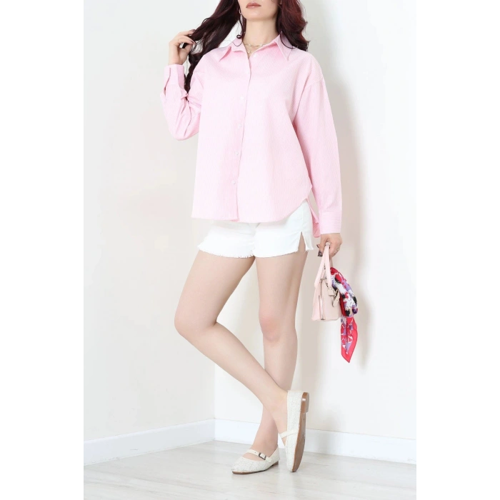 Çizgili Oversize Gömlek Pembe - 7886.1437.