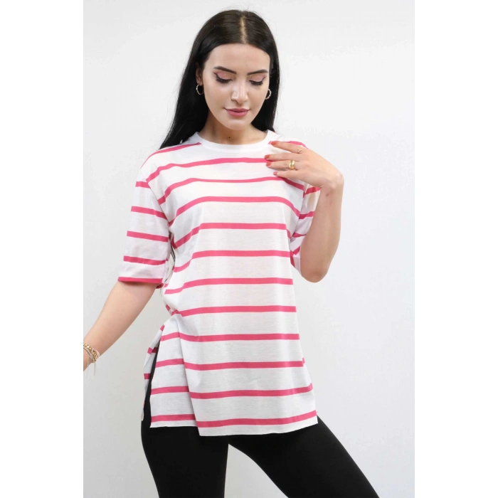 Çizgili Penye Tshirt Pembe