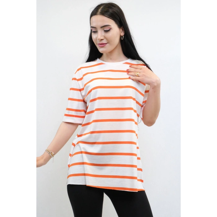 Çizgili Penye Tshirt Turuncu