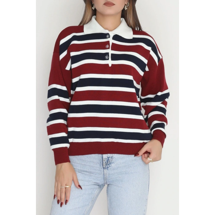 Çizgili Polo Yaka Triko Bordo - 70870.1765.