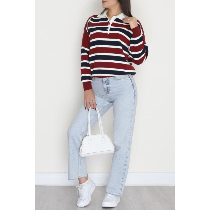 Çizgili Polo Yaka Triko Bordo - 70870.1765.