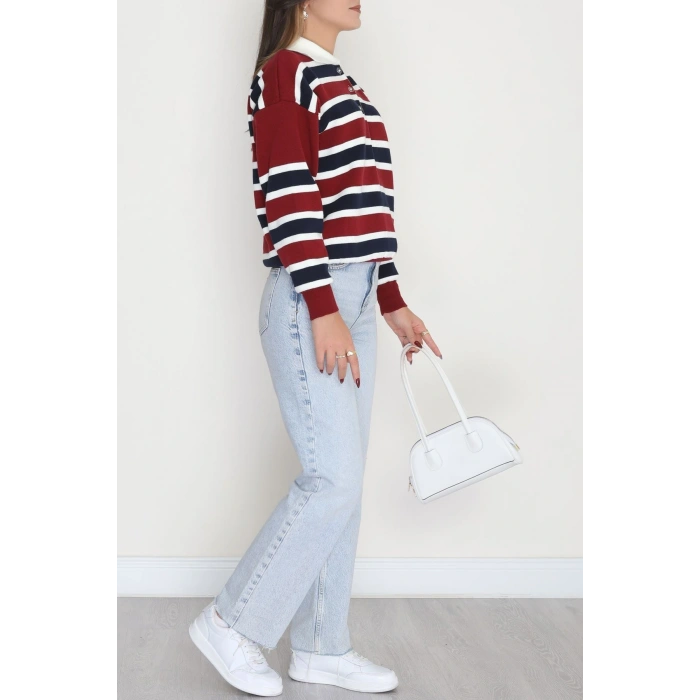 Çizgili Polo Yaka Triko Bordo - 70870.1765.