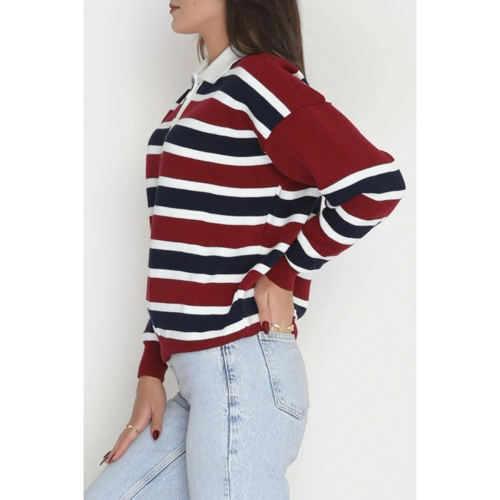 Çizgili Polo Yaka Triko Bordo - 70870.1765.