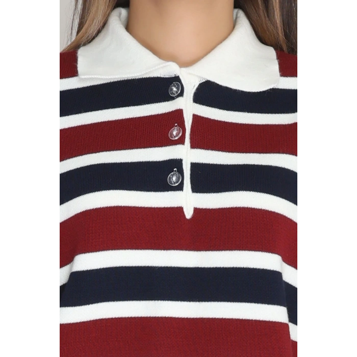 Çizgili Polo Yaka Triko Bordo - 70870.1765.