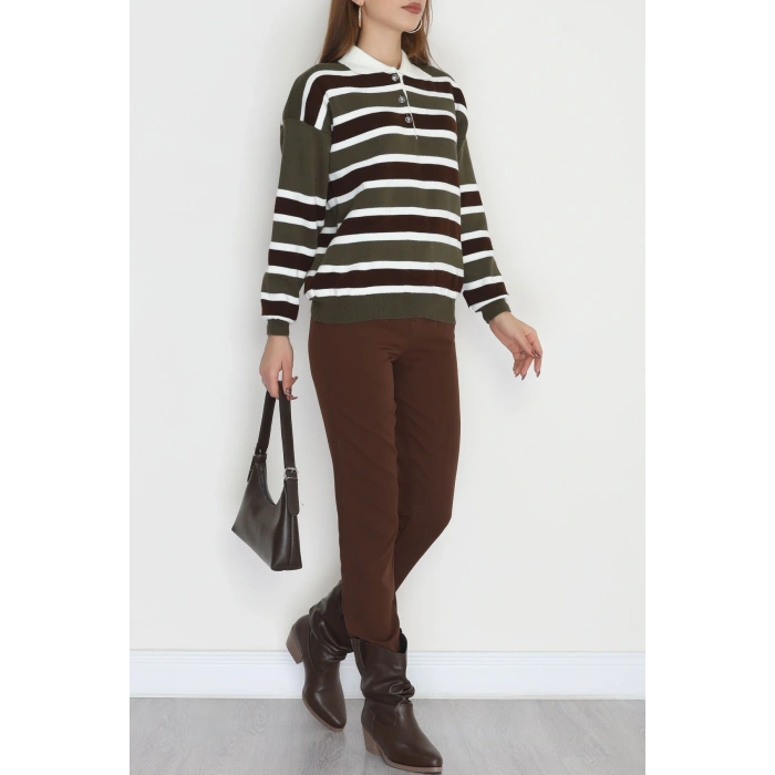 Çizgili Polo Yaka Triko Haki - 70870.1765.