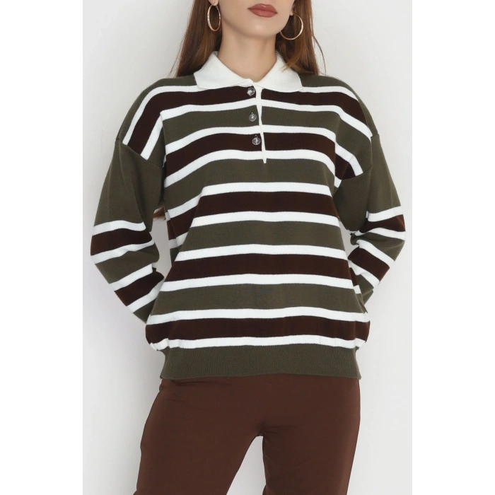 Çizgili Polo Yaka Triko Haki - 70870.1765.