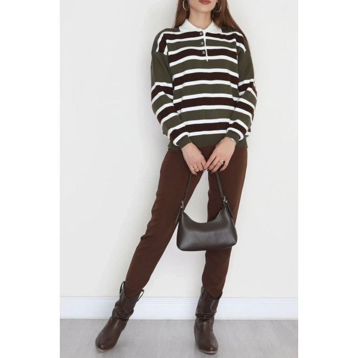 Çizgili Polo Yaka Triko Haki - 70870.1765.