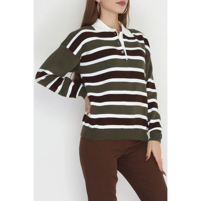 Çizgili Polo Yaka Triko Haki - 70870.1765.