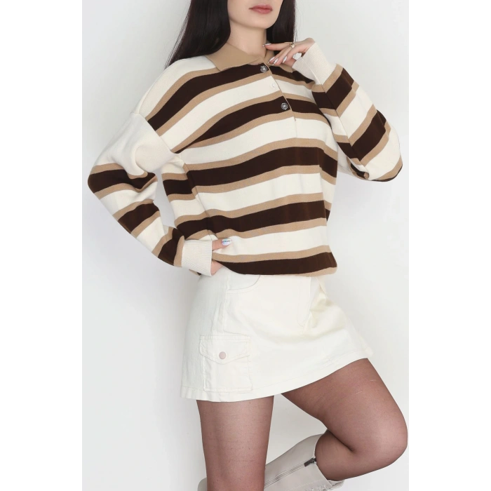 Çizgili Polo Yaka Triko Kahve - 70870.1765.