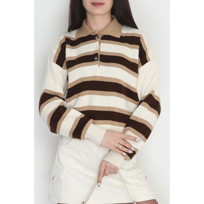 Çizgili Polo Yaka Triko Kahve - 70870.1765.