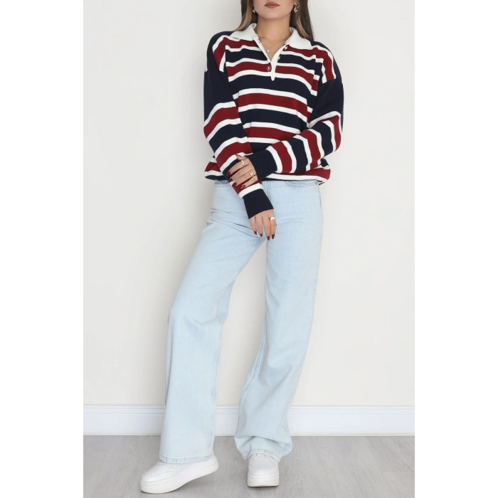 Çizgili Polo Yaka Triko Lacivert - 70870.1765.