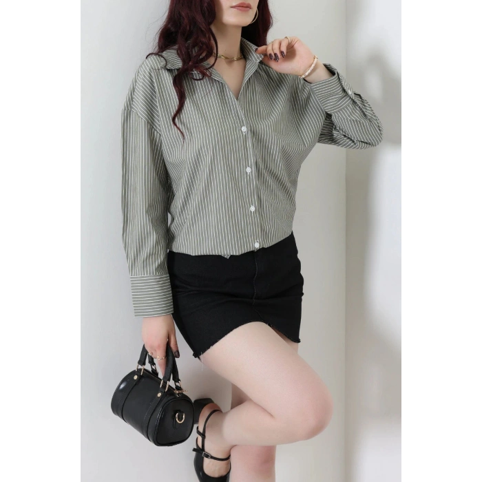 Çizgili Poplin Gömlek Haki - 7483.1437.
