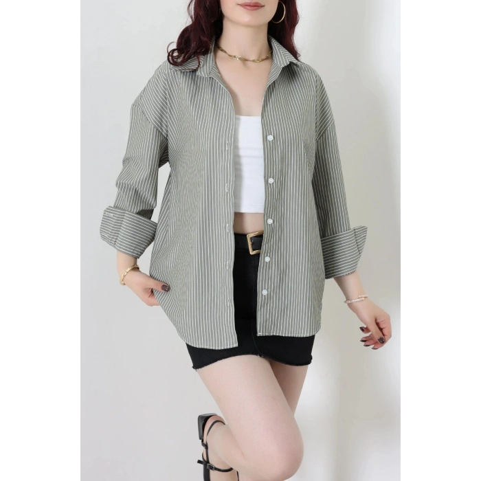 Çizgili Poplin Gömlek Haki - 7483.1437.
