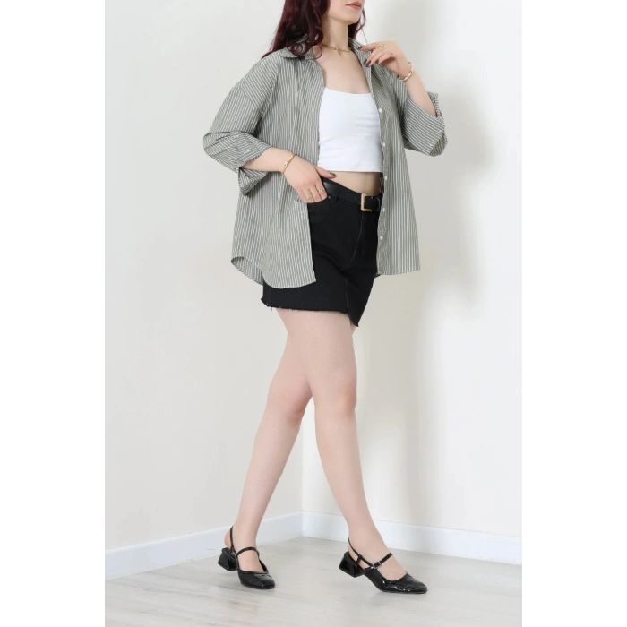 Çizgili Poplin Gömlek Haki - 7483.1437.