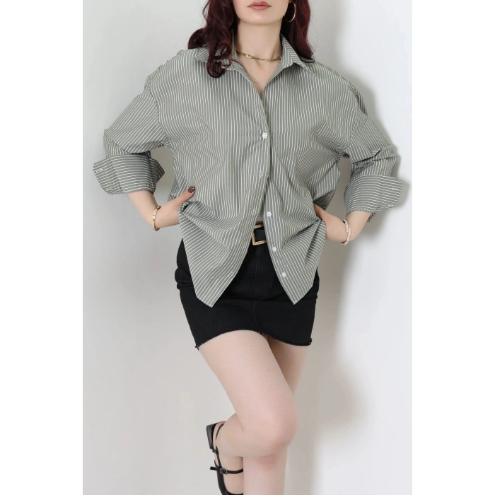 Çizgili Poplin Gömlek Haki - 7483.1437.