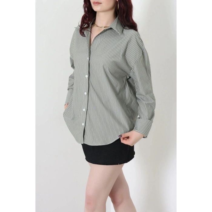 Çizgili Poplin Gömlek Haki - 7483.1437.