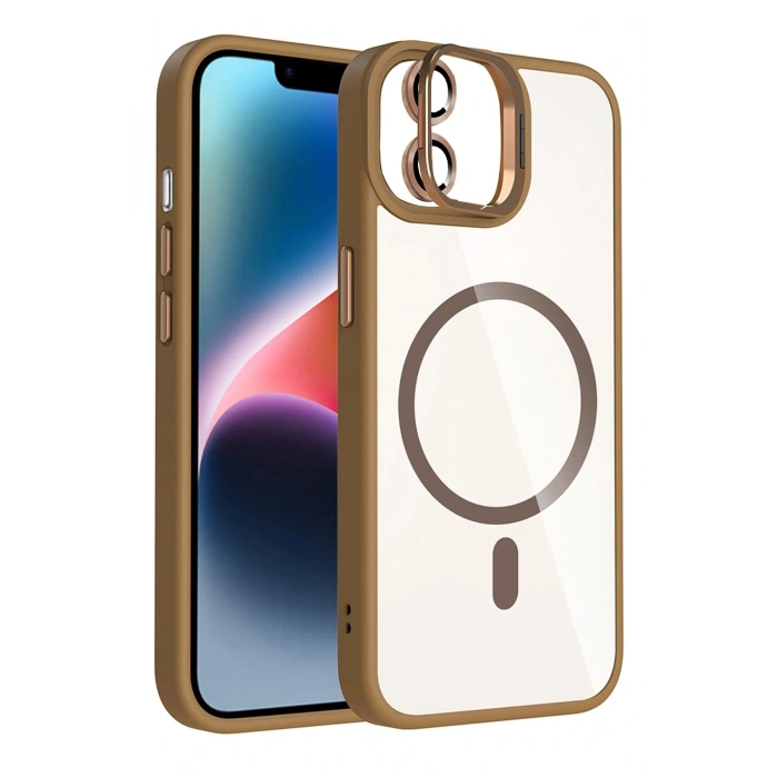 CPT05 Apple iPhone 11 Remim Lensli Magsafe Standlı Kapak - Kahverengi