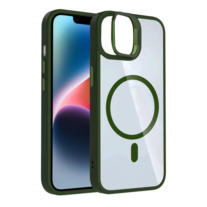 CPT05 Apple iPhone 11 Remim Lensli Magsafe Standlı Kapak - Koyu Yeşil