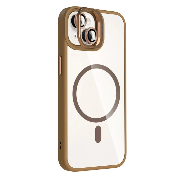 CPT05 Apple iPhone 13 Remim Lensli Magsafe Standlı Kapak - Kahverengi