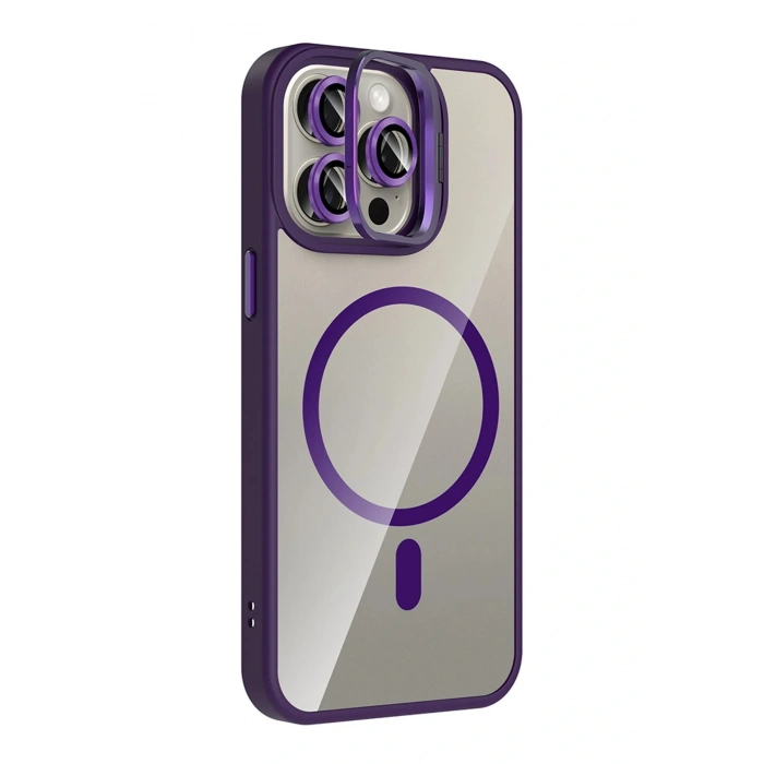 CPT05 Apple iPhone 14 Pro Max Remim Lensli Magsafe Standlı Kapak - Derin Mor