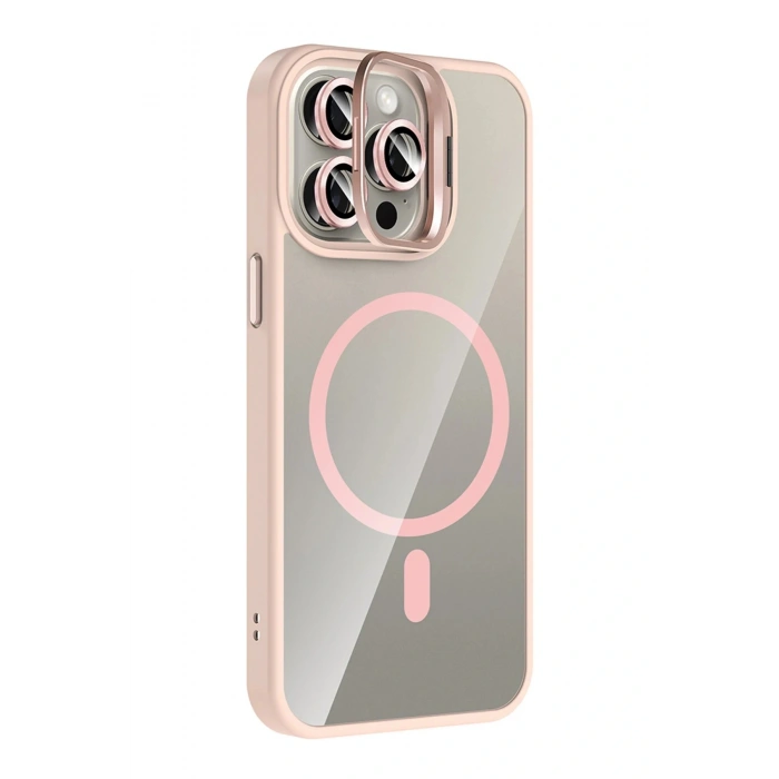 CPT05 Apple iPhone 14 Pro Max Remim Lensli Magsafe Standlı Kapak - Pembe