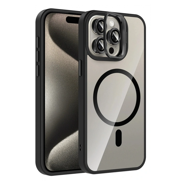 CPT05 Apple iPhone 14 Pro Max Remim Lensli Magsafe Standlı Kapak - Siyah