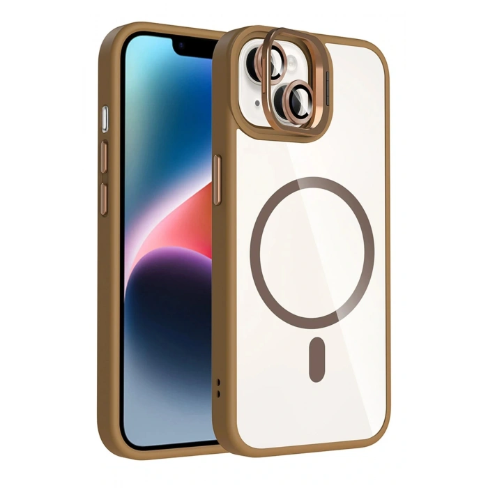 CPT05 Apple iPhone 14 Remim Lensli Magsafe Standlı Kapak - Kahverengi