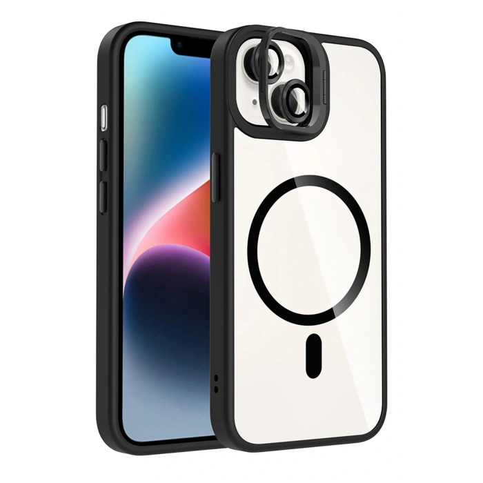 CPT05 Apple iPhone 14 Remim Lensli Magsafe Standlı Kapak - Siyah