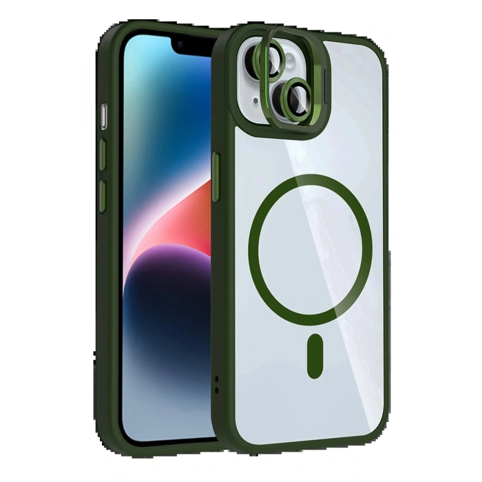 CPT05 Apple iPhone 15 Plus Remim Lensli Magsafe Standlı Kapak - Koyu Yeşil