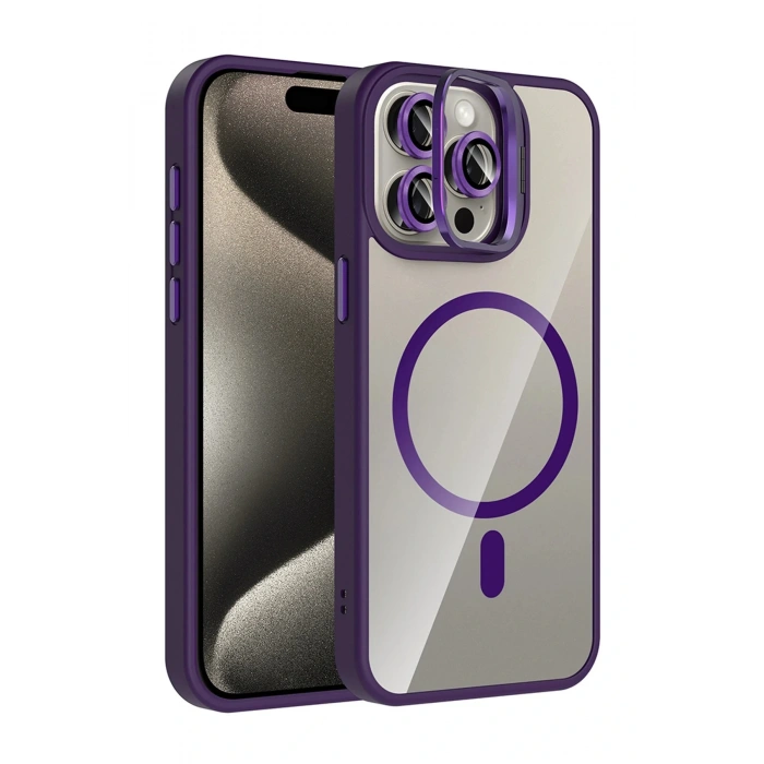 CPT05 Apple iPhone 15 Pro Max Remim Lensli Magsafe Standlı Kapak - Derin Mor