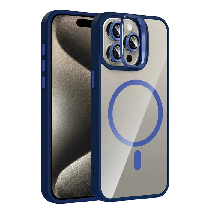 CPT05 Apple iPhone 15 Pro Max Remim Lensli Magsafe Standlı Kapak - Lacivert