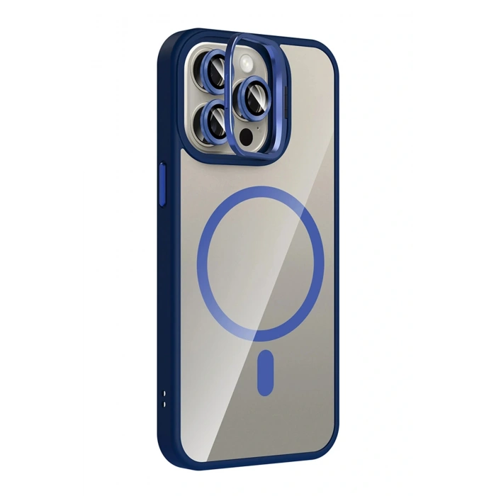 CPT05 Apple iPhone 15 Pro Max Remim Lensli Magsafe Standlı Kapak - Lacivert