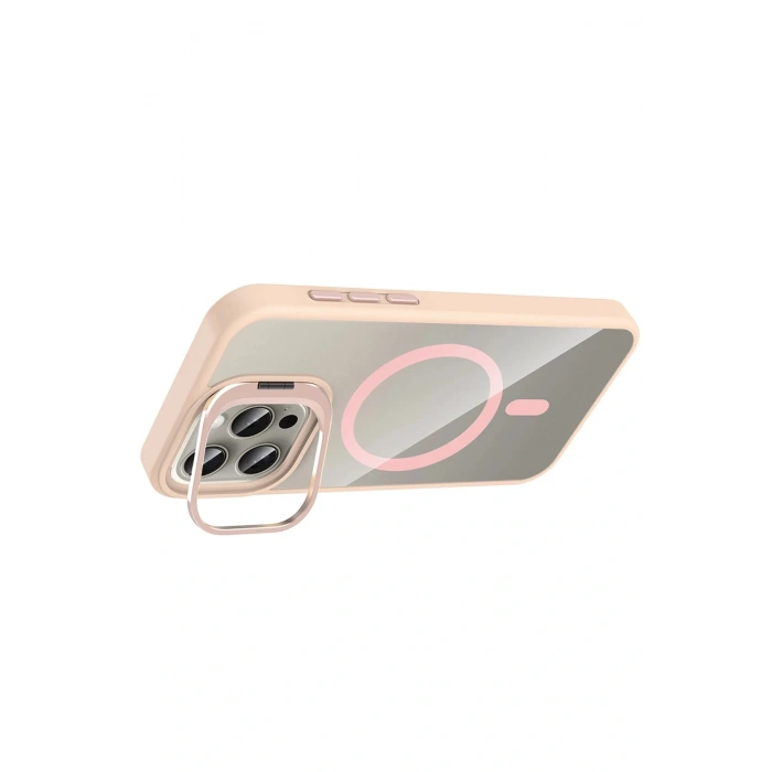 CPT05 Apple iPhone 15 Pro Max Remim Lensli Magsafe Standlı Kapak - Pembe