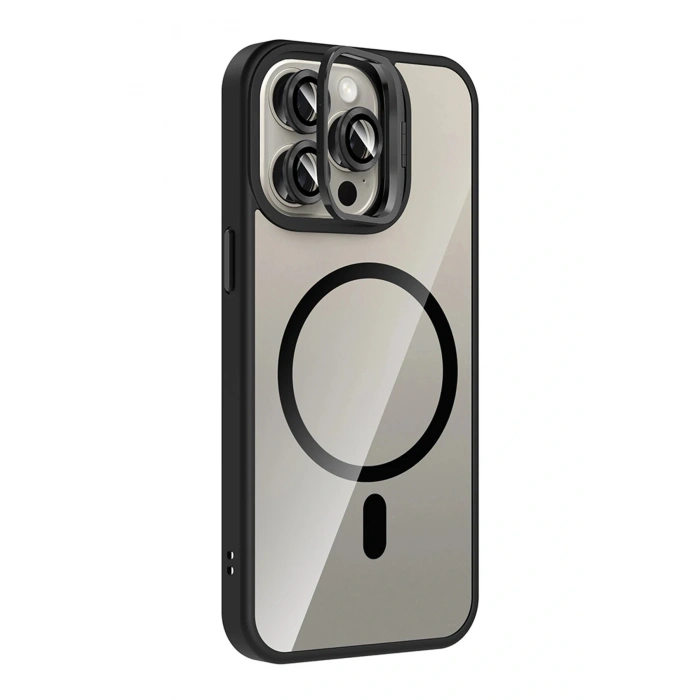 CPT05 Apple iPhone 15 Pro Max Remim Lensli Magsafe Standlı Kapak - Siyah