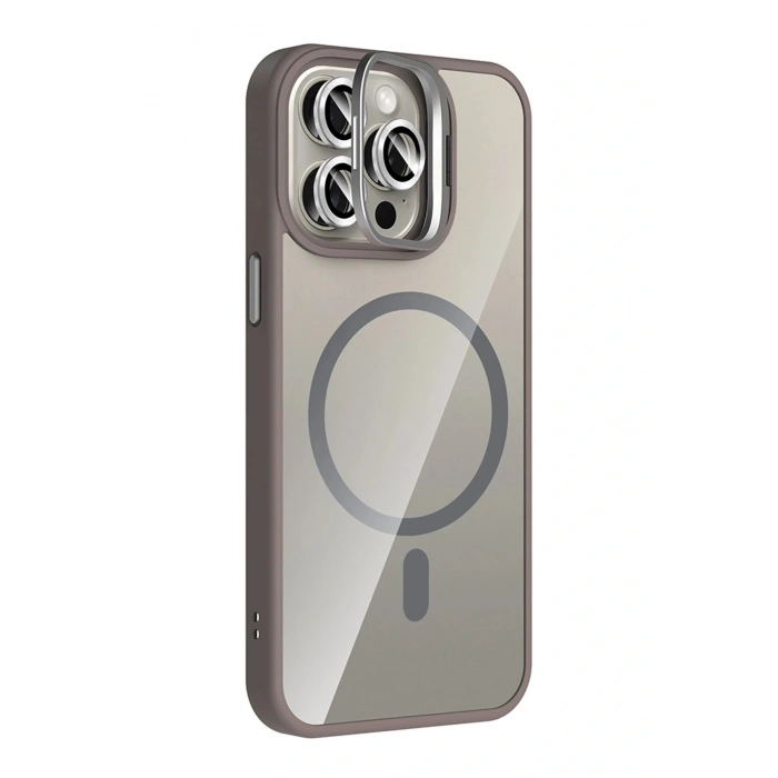 CPT05 Apple iPhone 15 Pro Max Remim Lensli Magsafe Standlı Kapak - Titan Gri