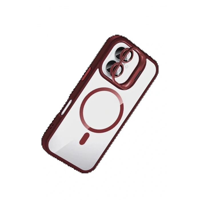 CPT05 Apple iPhone 16 Plus Remim Lensli Magsafe Standlı Kapak - Bordo