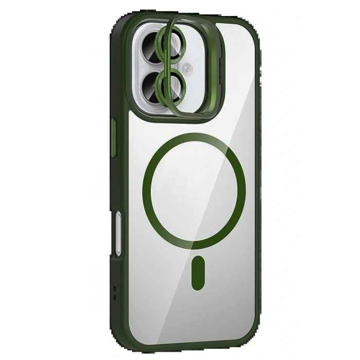 CPT05 Apple iPhone 16 Plus Remim Lensli Magsafe Standlı Kapak - Koyu Yeşil