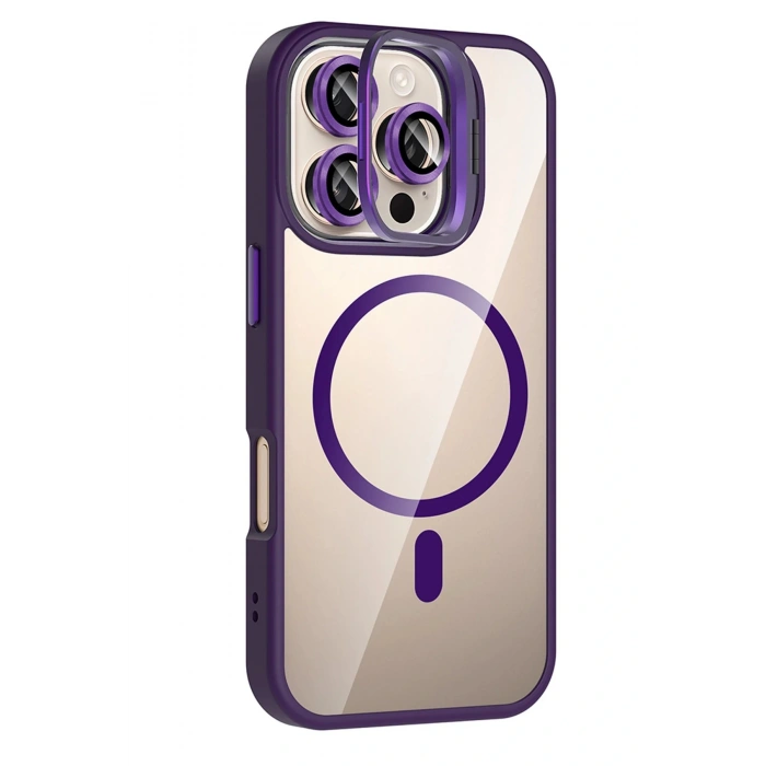 CPT05 Apple iPhone 16 Pro Max Remim Lensli Magsafe Standlı Kapak - Derin Mor
