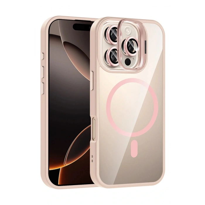 CPT05 Apple iPhone 16 Pro Max Remim Lensli Magsafe Standlı Kapak - Pembe